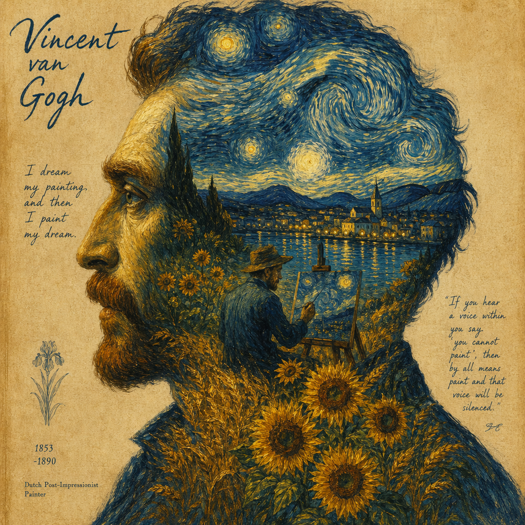 GPT Image 2 — Van Gogh style double exposure portrait with swirling starry sky and sunflowers